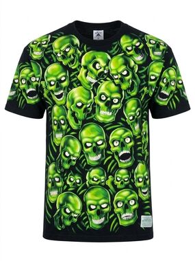 2017 Liquid Blue Neon Green Skulls All-Over Print Tee 2xl